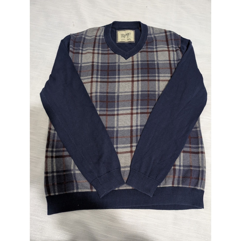 Y2K Esprit Men's‎ V-Neck Plaid Sweater Large Blue Gray Maroon Cotton Long Sleeve